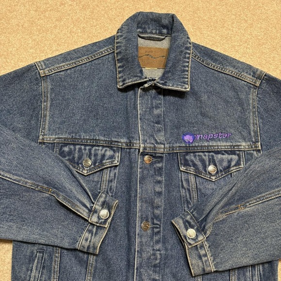 Vtg 90s Napster Logo Denim Jacket Mens Small Blue Embroidered Trucker Music Y2K